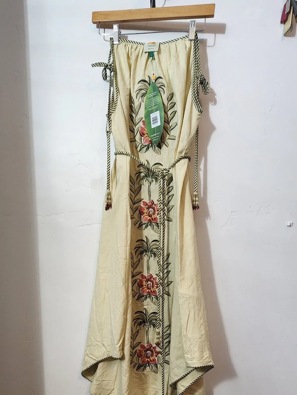 FARM Rio Cream Maxi Dress with Tropical Floral Panel and Rope Ties